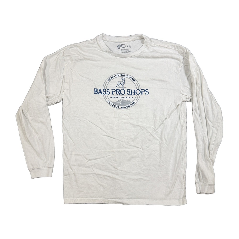 Bass Pro Shops Mens Large White Long Sleeve T-Shirt Graphic Outdoor Adventure